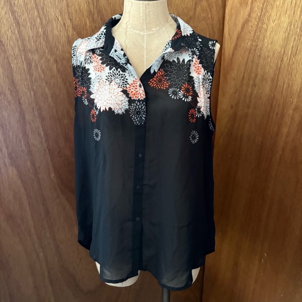 H&M sz 8 Black Sheer Sleeveless Button Down Shirt Floral Print Orange Flowers